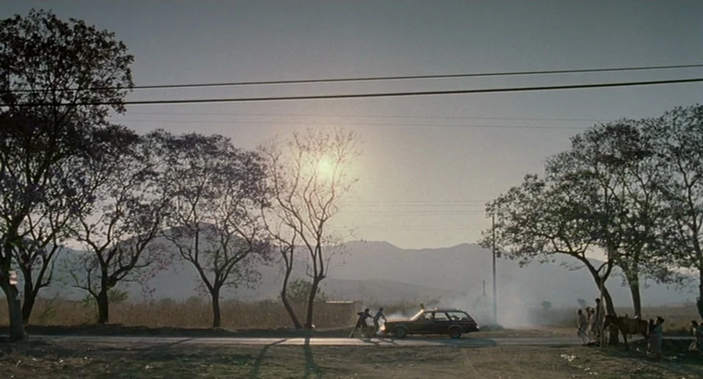 Y Tu Mamá También (2001) movie still: wide — A quiet rural road bordered by mature trees stands before distant hazy mountains. A small group of…