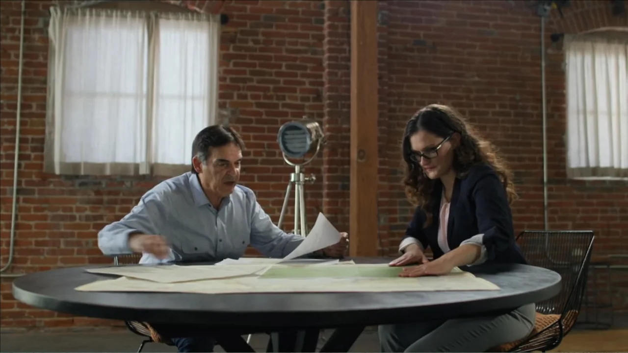 Finding Amelia (2024) movie still: medium — An interior space features exposed red brick walls and a large round black table. A man and a woman sit…