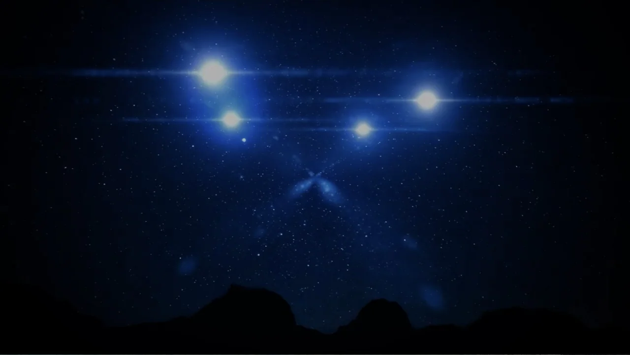 UFO Conspiracies: The Hidden Truth (2020) movie still: establishing — A vast night sky filled with numerous small stars occupies the frame. Four…