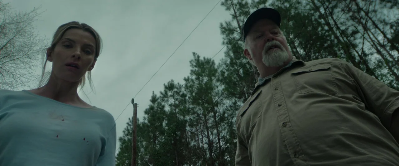 The Hunt (2020) movie still: medium — A rural road lined with pine trees under an overcast, grey sky. A woman and an older man look directly down…