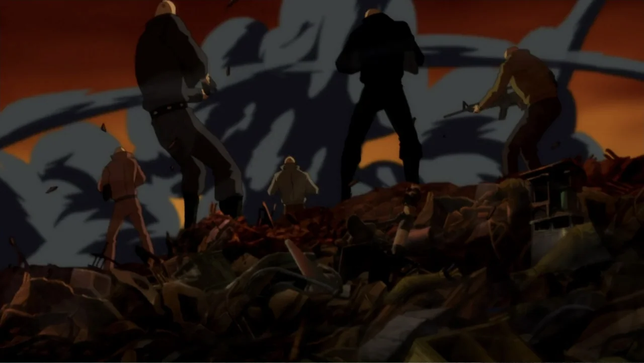 Batman: The Dark Knight Returns, Part 1 (2012) movie still: fullbody — A group of armed men stand atop a massive pile of scrap metal debris. Thick…