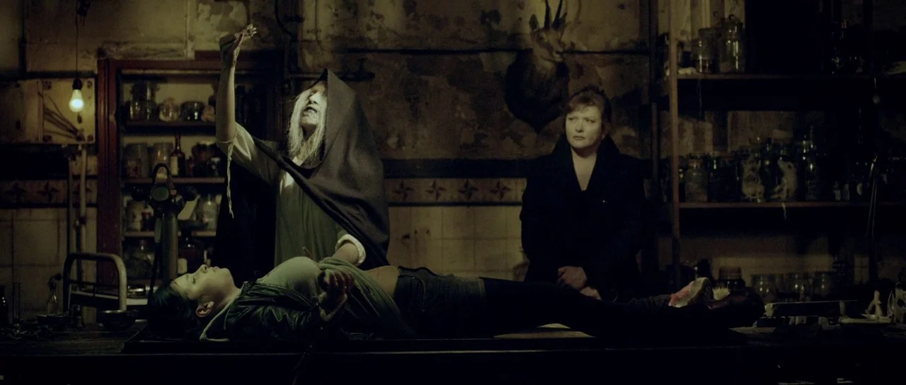 Livid (2011) movie still: medium — A dark, cluttered space filled with shelves of glass jars and a large taxidermy trophy. One woman lies on a flat…