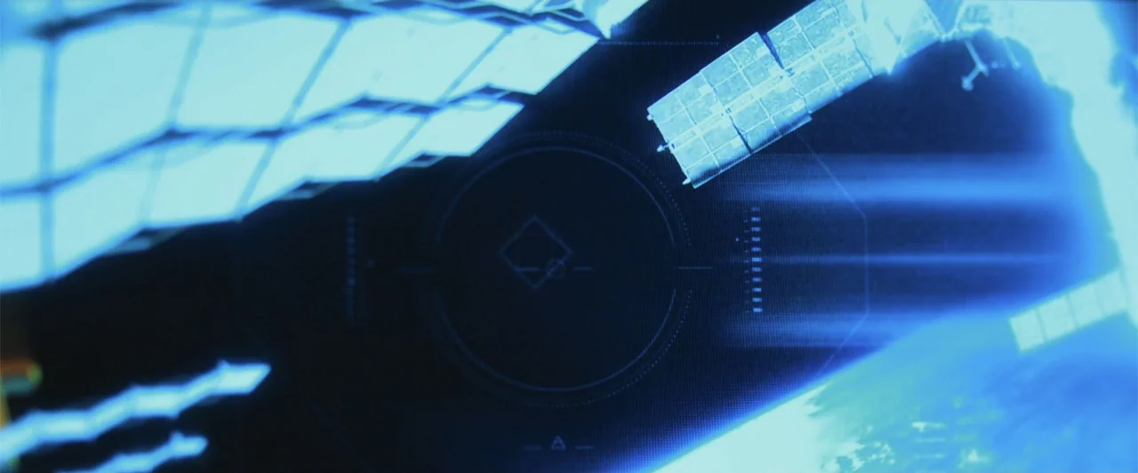 Beyond the Universe (2022) movie still: establishing — A view from space shows a satellite structure positioned above the glowing blue Earth. A…