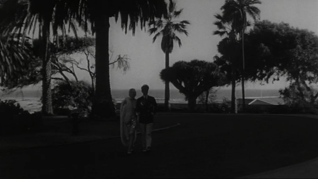 Some Like It Hot (1959) movie still: wide — A dark, curved asphalt path runs through a tropical landscape with tall palm trees. A man and a woman in…