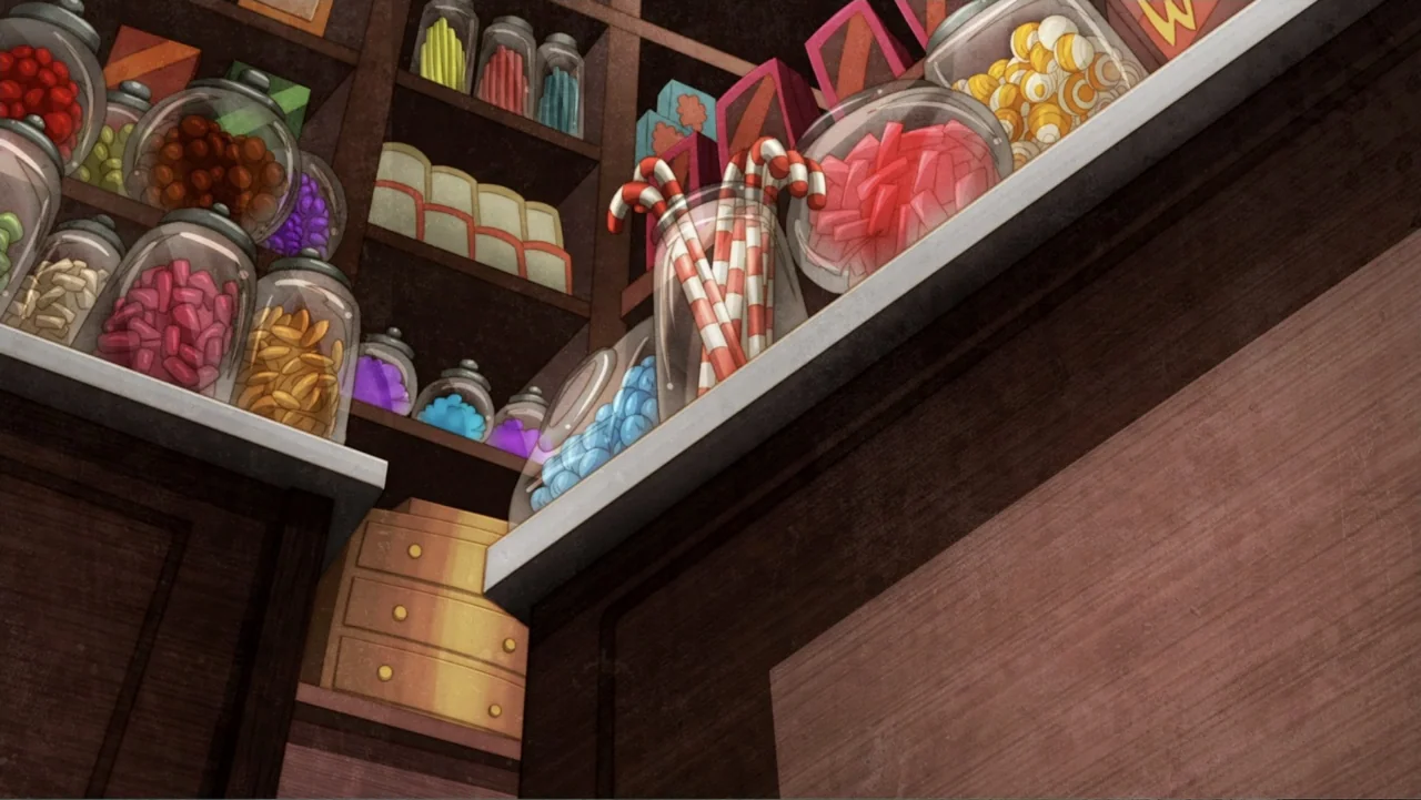 Tom and Jerry: Willy Wonka & the Chocolate Factory (2017) movie still: medium — A wooden shelf unit in a shop holds multiple glass jars filled with…