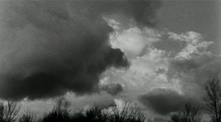 Roadkill (1989) movie still: establishing — A dense expanse of dark and light clouds fills the frame above treetops. Leafless branches of trees are…