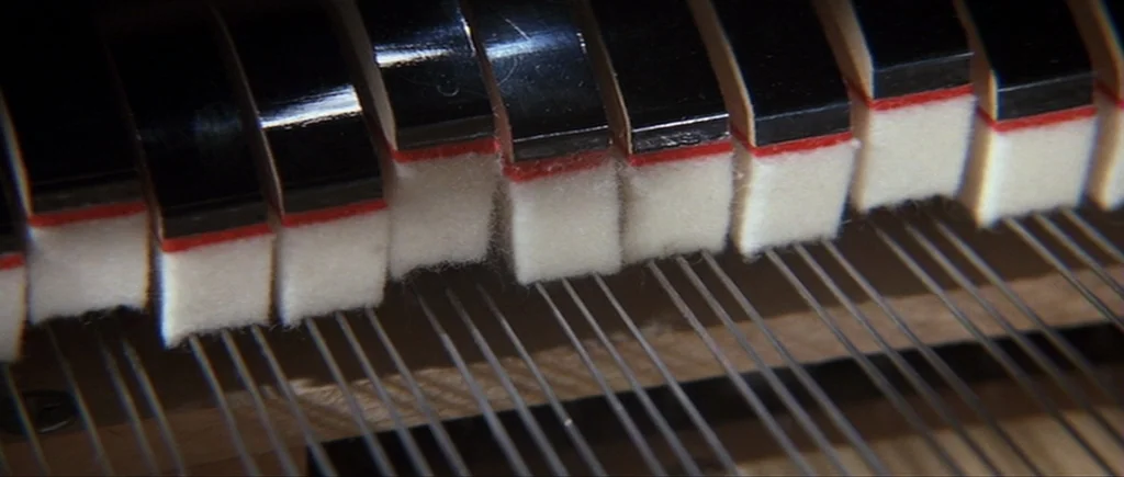 Cape Fear (1991) movie still: closeup — The interior mechanics of a grand piano display the aligned felt dampers and strings. The dampers are…
