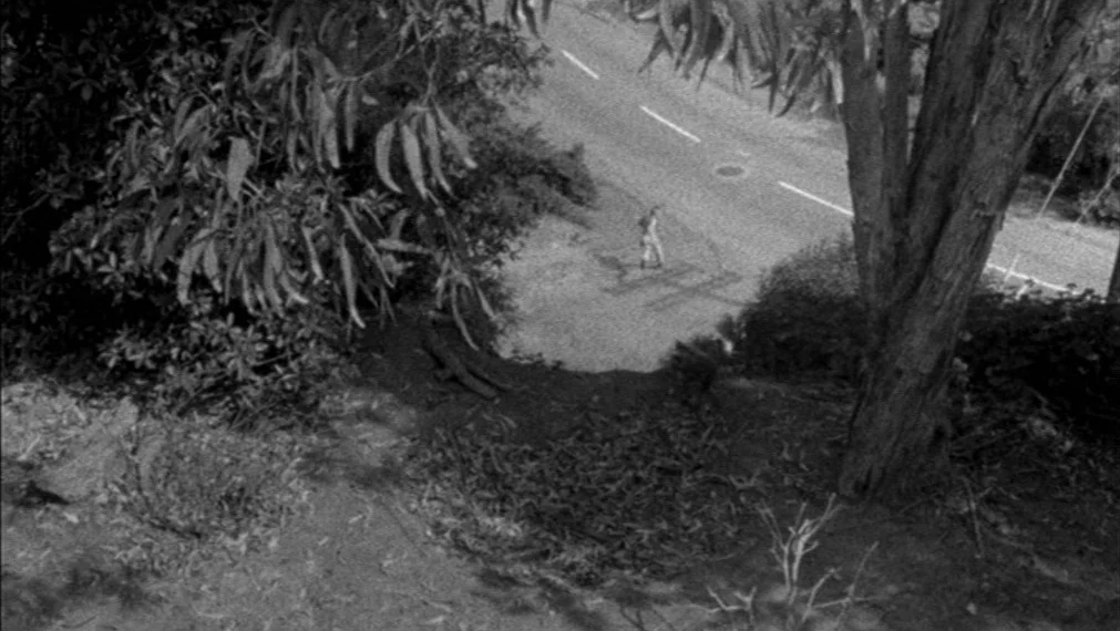 Faces (1968) movie still: establishing — A high-angle view looks down from a brushy, wooded incline onto a narrow road. A tiny figure walks along…