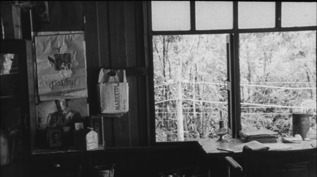 Mysterious Object at Noon (2000) movie still: wide — A rustic interior space features wooden walls and a window looking onto dense trees. A desk…