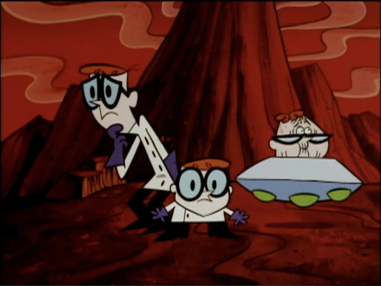 Dexter's Laboratory: Ego Trip (1999) movie still: medium — An alien planet with dark, jagged rock formations under a deep red sky. Two boys in lab…