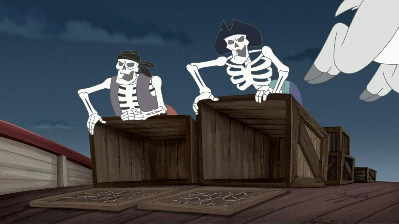 Tom and Jerry: Shiver Me Whiskers (2006) movie still: medium — A wooden ship deck is under a dark night sky with clouds present. Two animated…