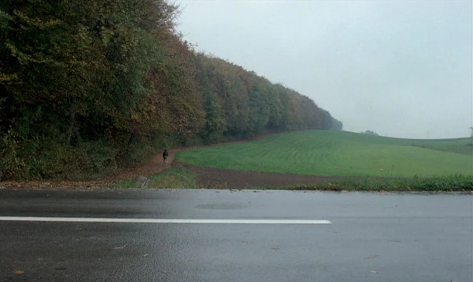 Every Man for Himself (1980) movie still: wide — An overcast autumn landscape features a wet asphalt road bordering a green field. A lone bicyclist…
