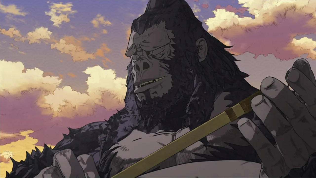 Batman Ninja vs. Yakuza League (2025) movie still: medium — A large primate stands outdoors against a sky filled with golden-lit clouds. The subject…