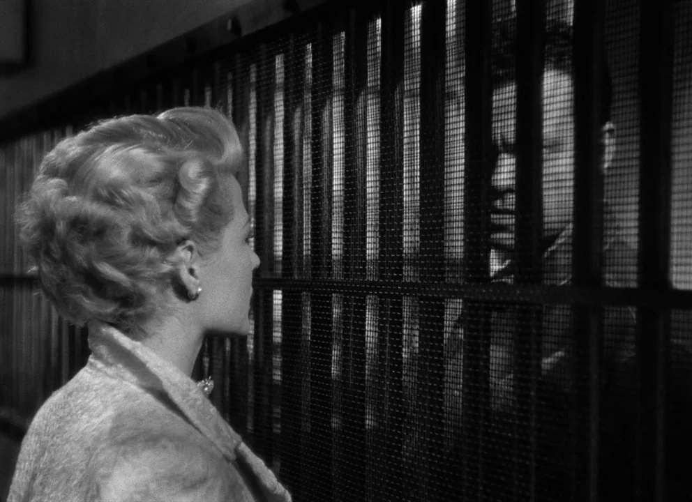 The Lady from Shanghai (1947) movie still: medium — A woman stands behind a wire mesh partition in a sterile institutional visitor area. She faces a…
