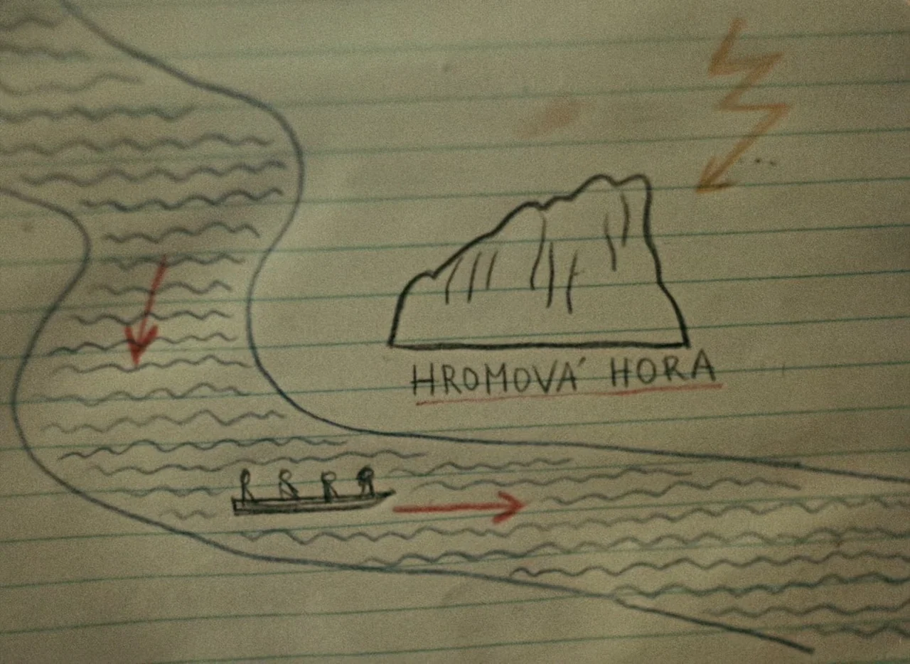 A Journey to the Beginning of Time (1955) movie still: closeup — A hand-drawn map on lined paper shows a winding river and a mountain. Stick figures…