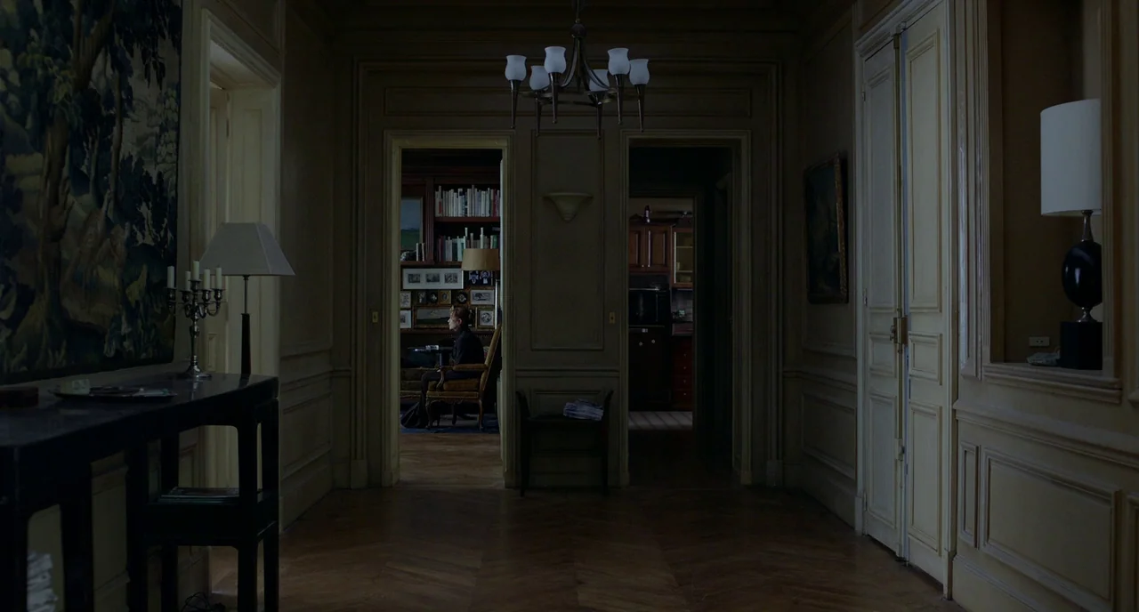 Amour (2012) movie still: wide — A spacious, dim hallway features traditional wainscoting and a large hanging tapestry on the left. A woman sits…