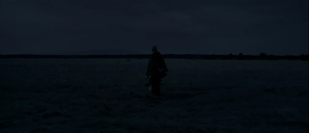 Time Of The Wolf (2003) movie still: wide — A vast, dark field under a dim night sky is covered in low grass. A lone figure stands near the center…