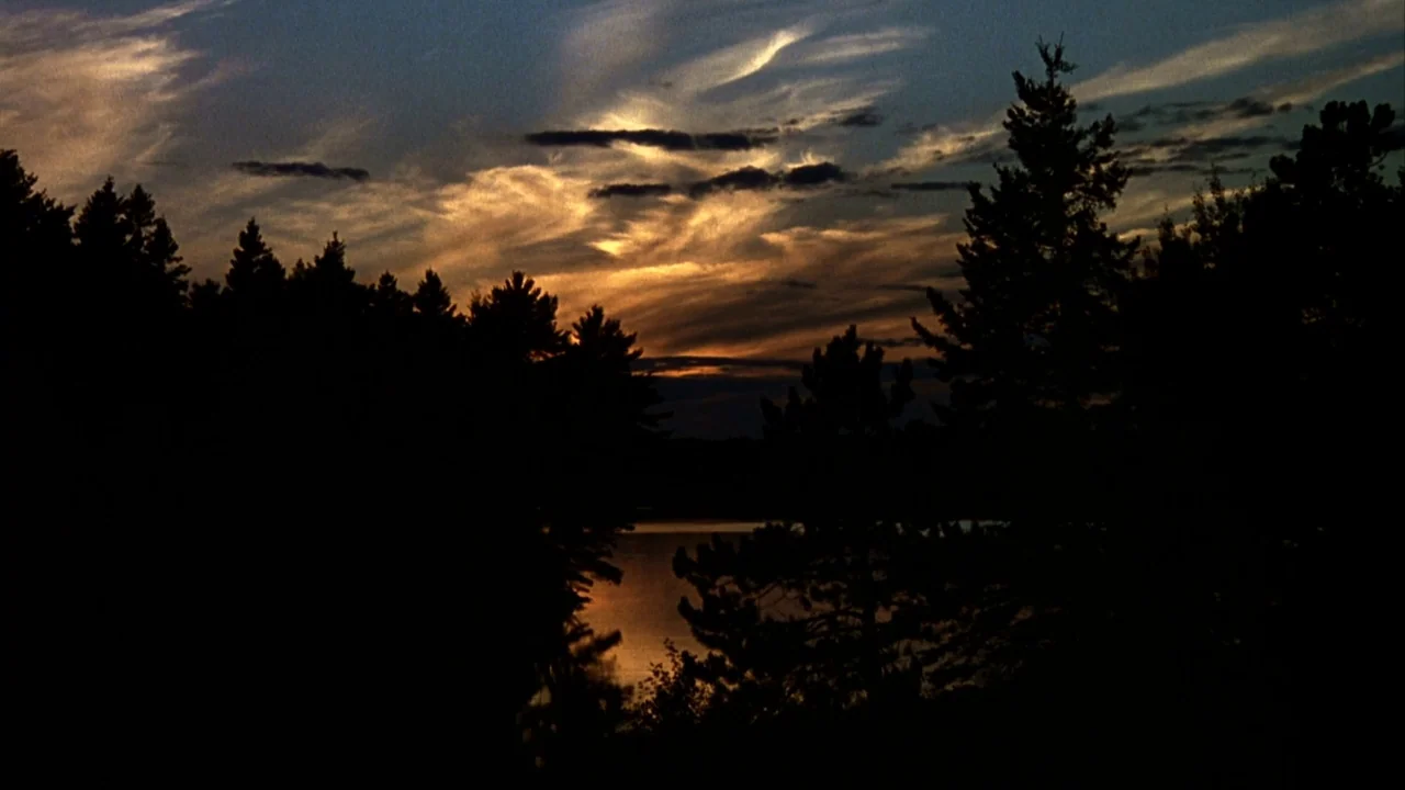 Jason Goes To Hell (1993) movie still: establishing — A dense line of coniferous trees stands in dark silhouette against a twilight sky. A calm body…