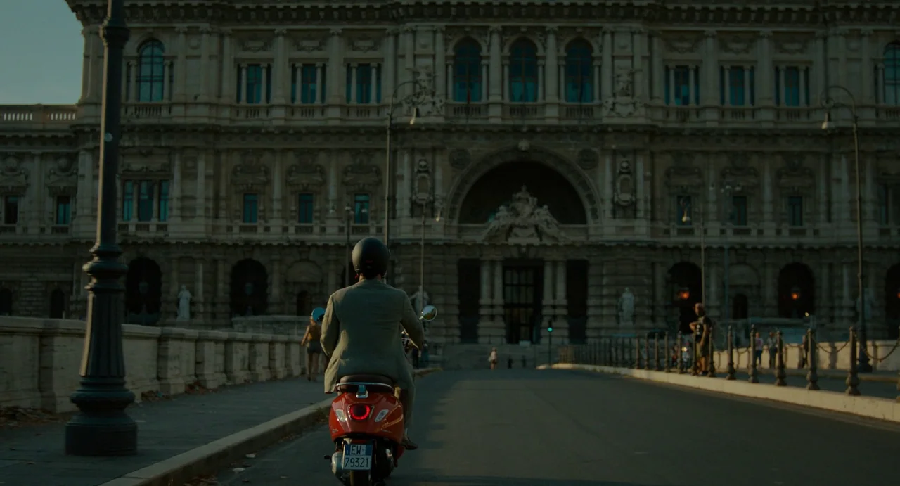Confess, Fletch (2022) movie still: fullbody — A man drives a red scooter on an asphalt bridge towards a grand neoclassical building. The ornate,…
