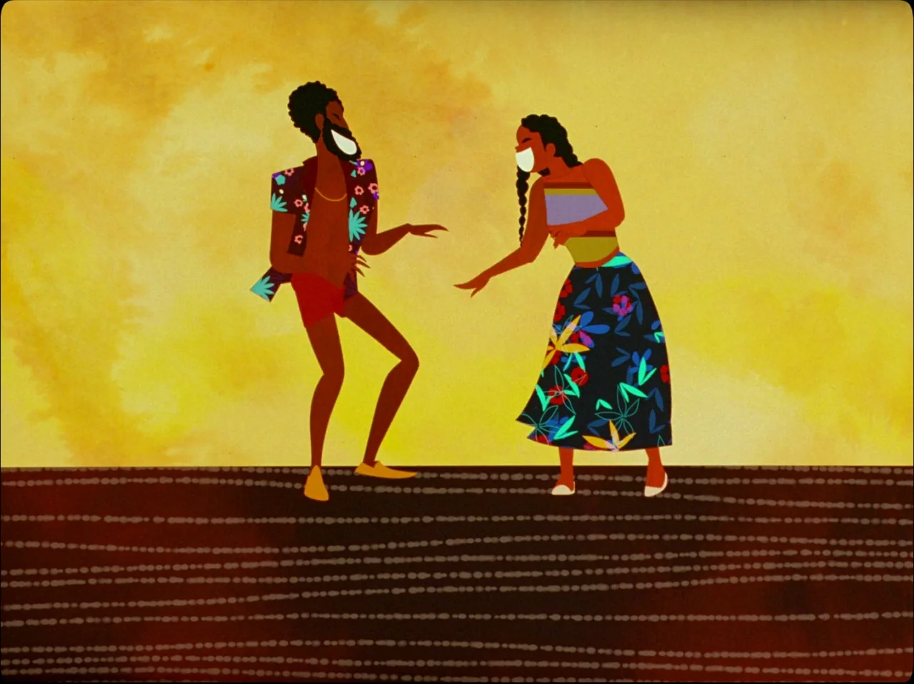 Guava Island (2019) movie still: fullbody — A flatly colored, stylized environment featuring a golden-yellow sky and textured brown ground. A man…