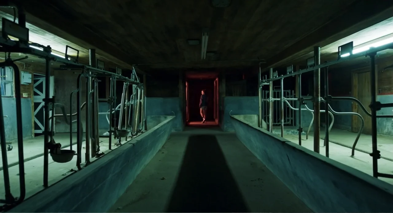 Salvation (2025) movie still: wide — A long, dark agricultural structure features rows of metal stanchions under dim fluorescent lights. A lone…