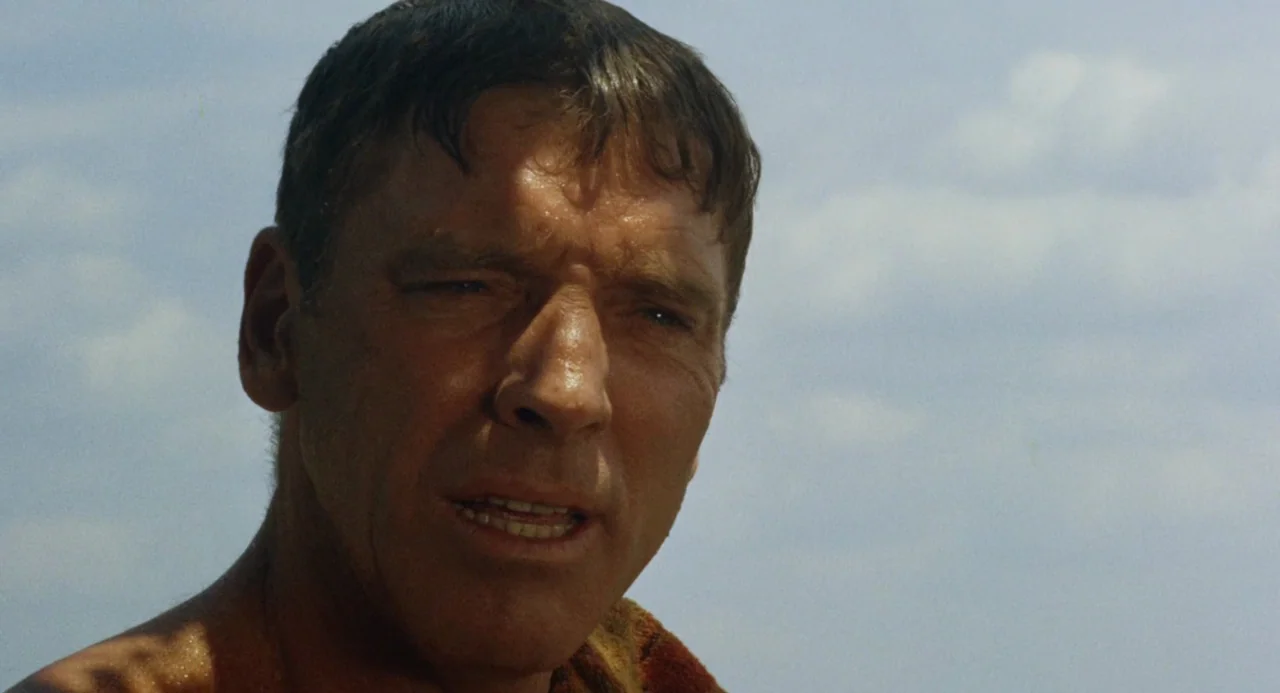 The Swimmer (1968) movie still: closeup — An outdoor coastal environment is visible with a clear blue sky in the background. A middle-aged man with…