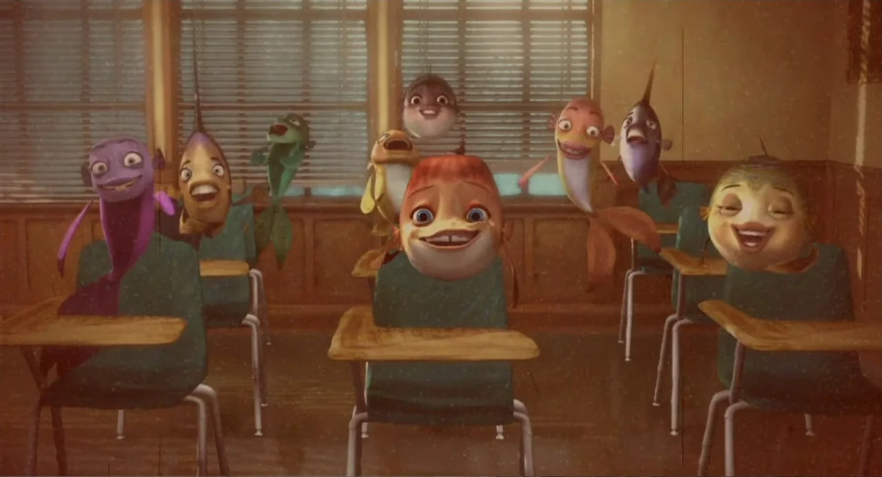 Shark Tale (2004) movie still: medium — An interior classroom filled with fish students sitting at individual wooden desks. Multiple anthropomorphic…