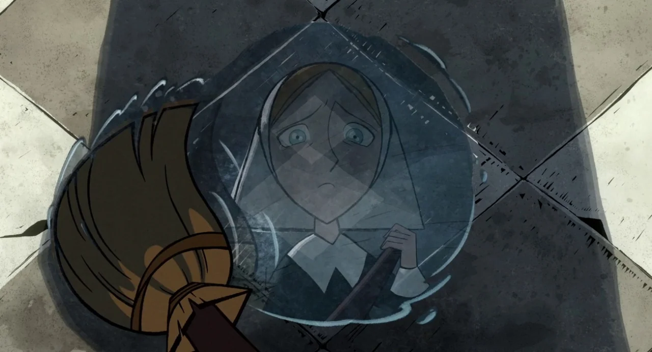 Wolfwalkers (2020) movie still: closeup — A reflection of a woman appears in a circular puddle on a stone floor. The reflection shows the woman…