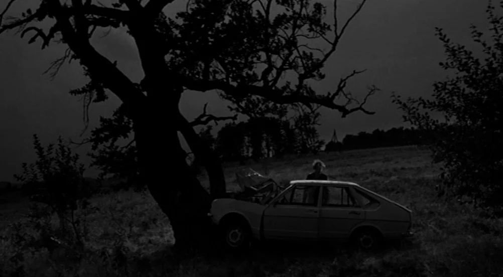 Kings of the Road (Im Lauf der Zeit) (1976) movie still: wide — A dark rural field at night featuring a large silhouetted tree and a car. A man…