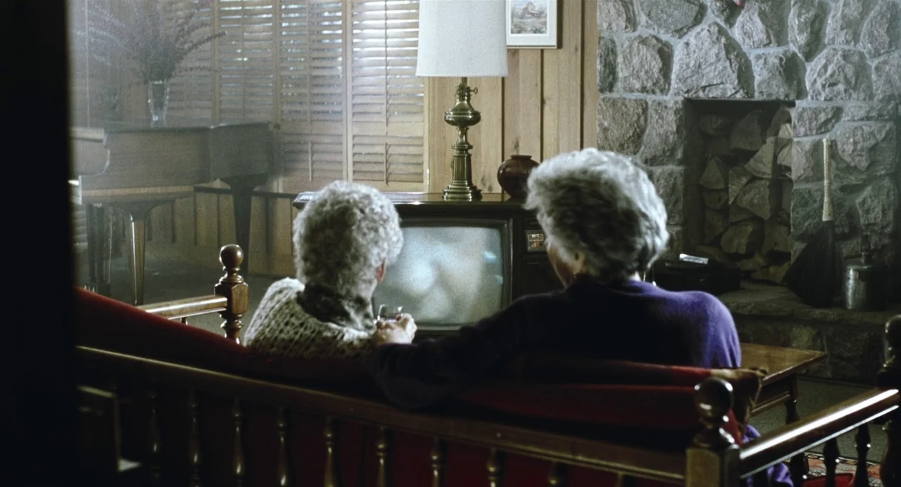 Last Night (1998) movie still: medium — A living room features wood-paneled walls and a stone fireplace with a stacked hearth. Two older women sit…