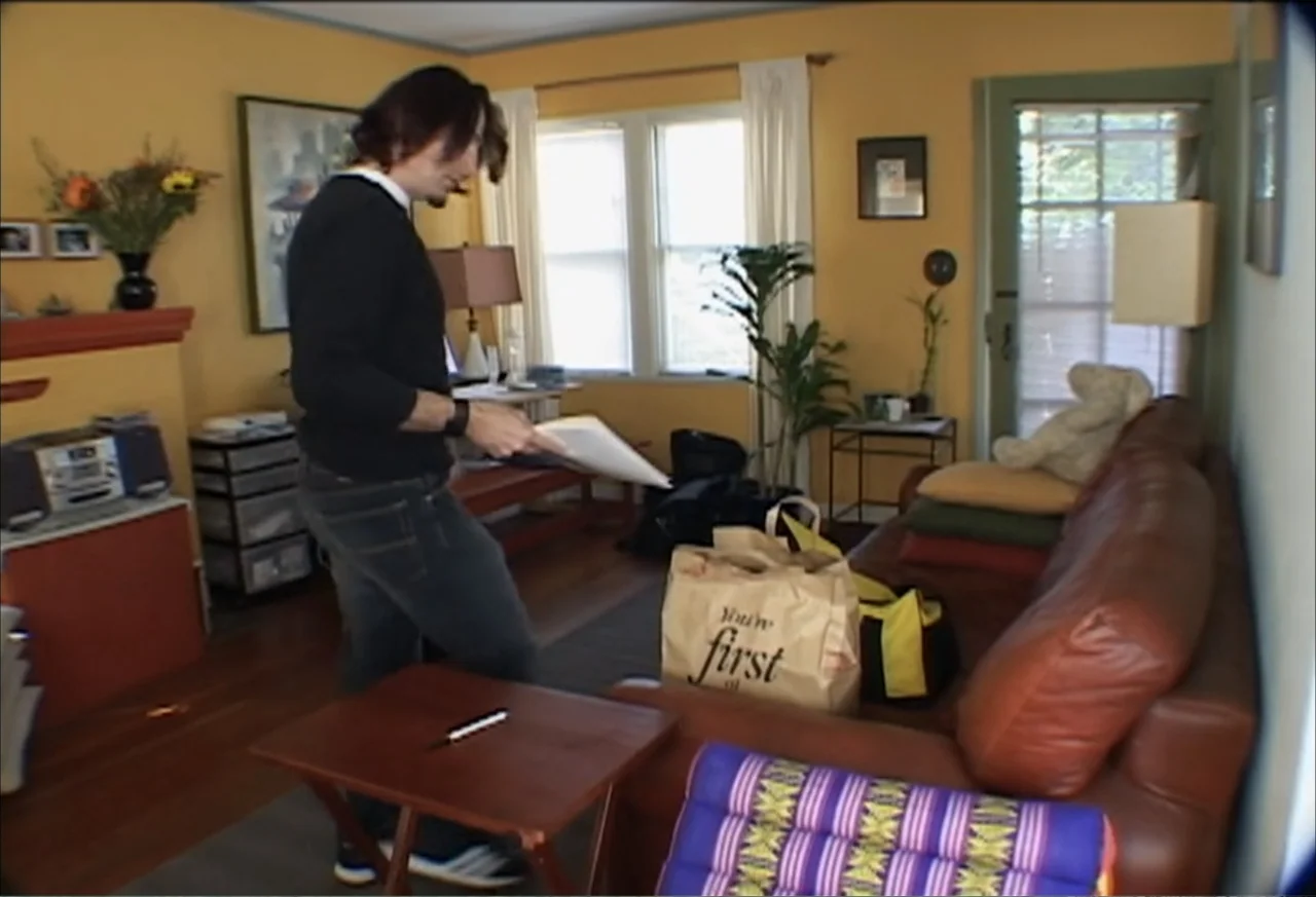 Plastic Disasters (2006) movie still: medium — A residential living room features yellow walls, hardwood floors, and brown leather furniture. A man…