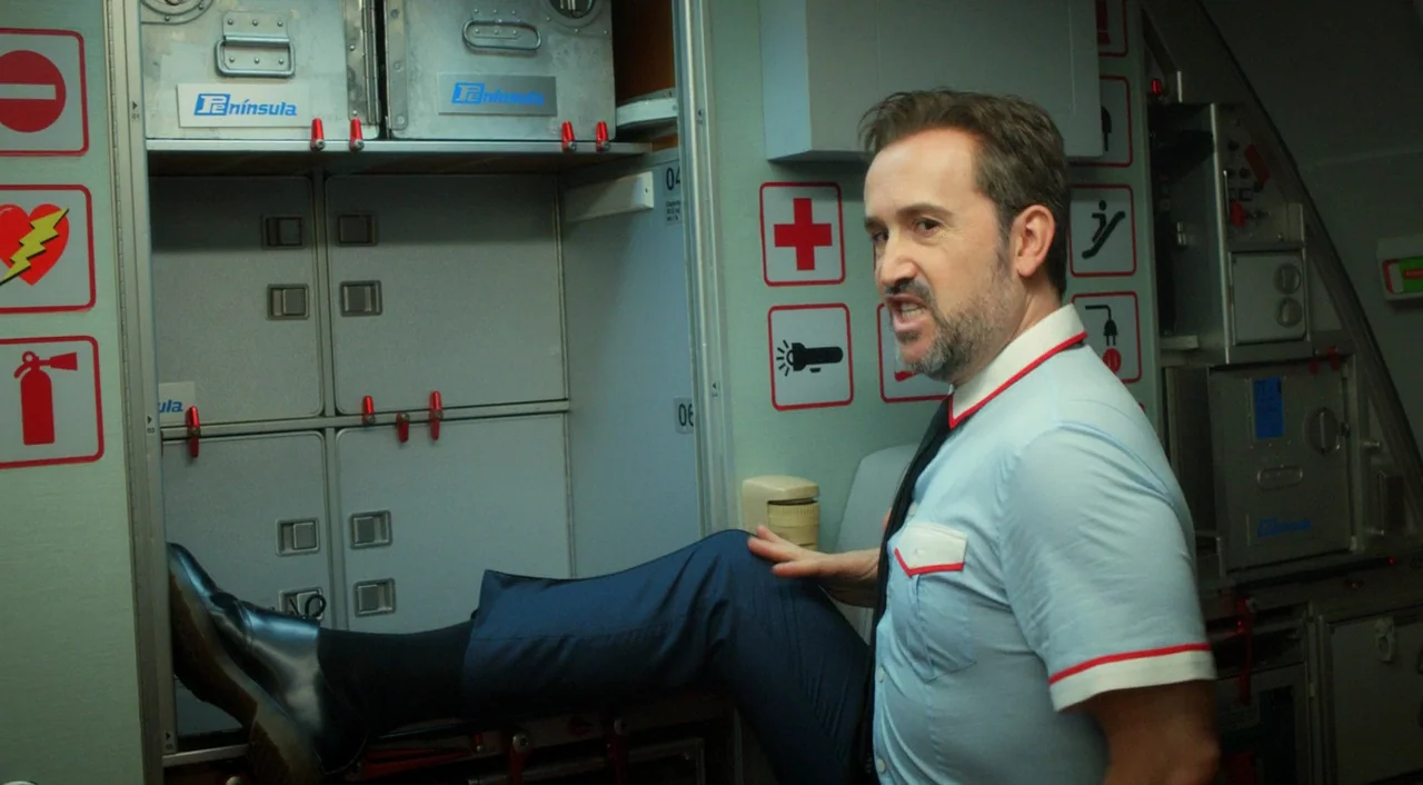I’m So Excited! (2013) movie still: medium — A utilitarian airplane galley wall is covered in red safety and instructional icons. A flight attendant…