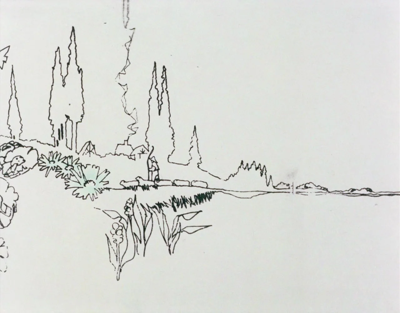 Belladonna of Sadness (1973) movie still: wide — A minimalist line drawing shows a shepherd walking through a grassy field. Tall cypress trees and…