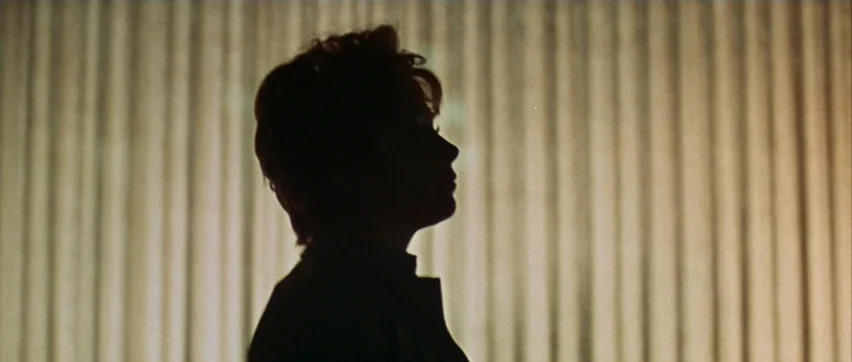Sweet Charity (1969) movie still: medium — A dark silhouette of a person appears against vertically slatted beige window blinds. The individual is…