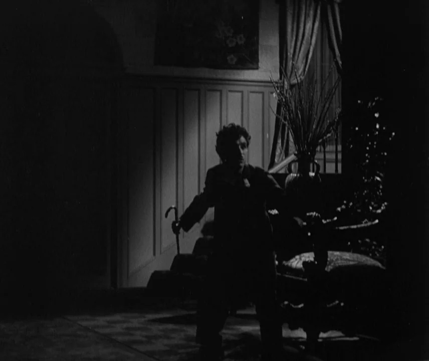 City Lights (1931) movie still: fullbody — A dark interior landing features wainscoting and a draped window frame. A man in a dark suit stands…