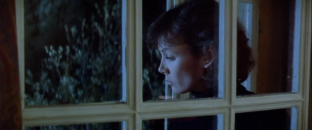 Love Unto Death (1984) movie still: closeup — A woman stands behind a wooden-framed glass window during the dark night hours. She gazes out into the…