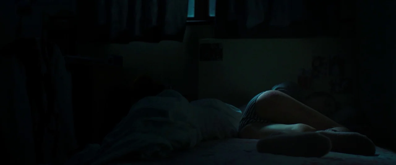 Raw (2016) movie still: medium — A dark, dimly lit room contains a bed with white covers and a window. A person sleeps on their side under the…