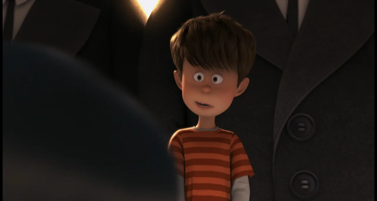 The Lorax (2012) movie still: medium — An interior space features a young boy standing in front of two dark figures. The boy gazes toward the left…