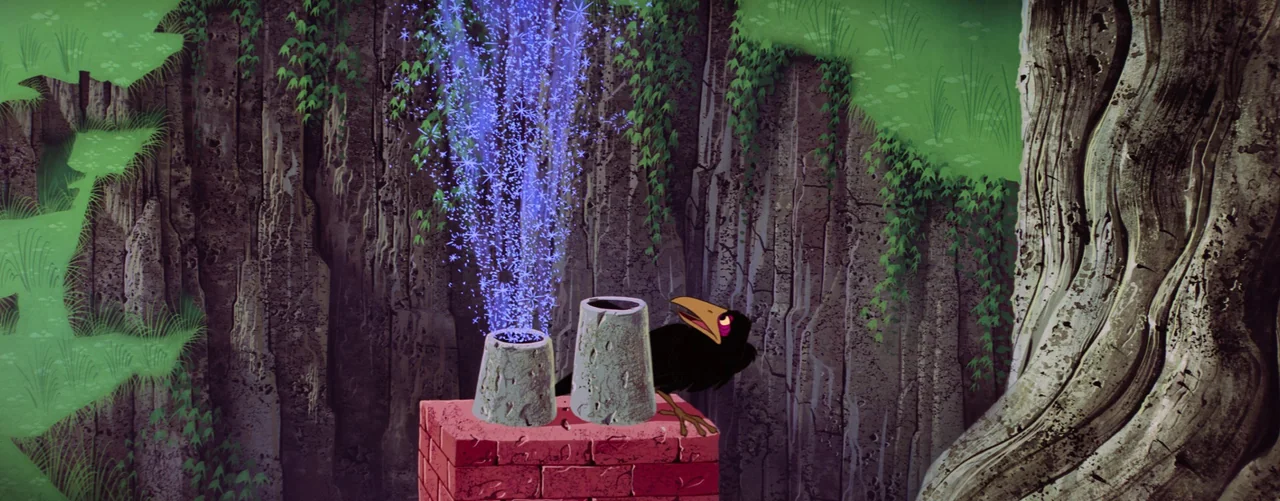 Sleeping Beauty (1959) movie still: wide — A vertical rocky ravine features a brick chimney stack against the canyon wall. A black crow watches a…