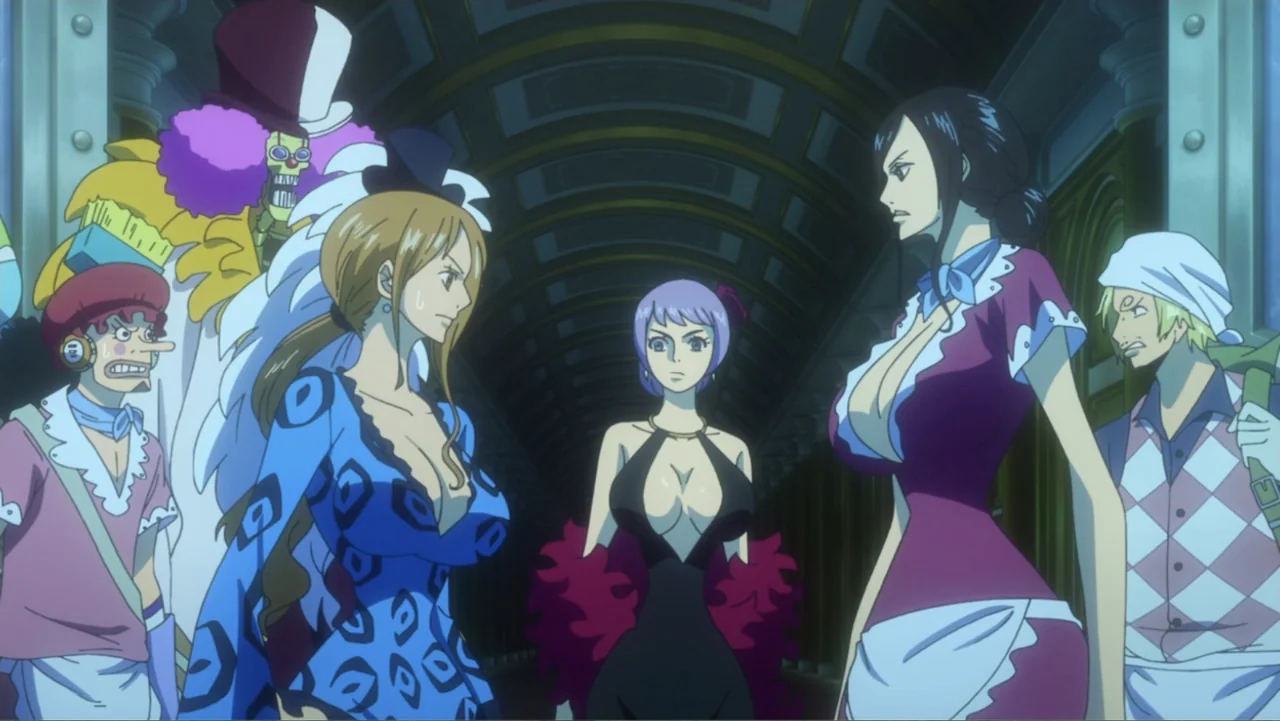 One Piece Film: GOLD (2016) movie still: medium — A long, vaulted corridor with arched ceilings and dark paneled walls stretches backward. Five…