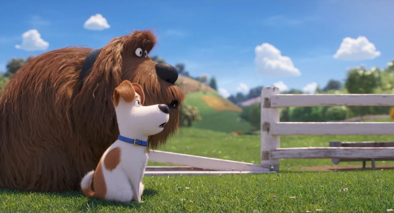 The Secret Life of Pets 2 (2019) movie still: medium — A sunny, rolling grassy landscape features a white wooden fence in the background. A large…