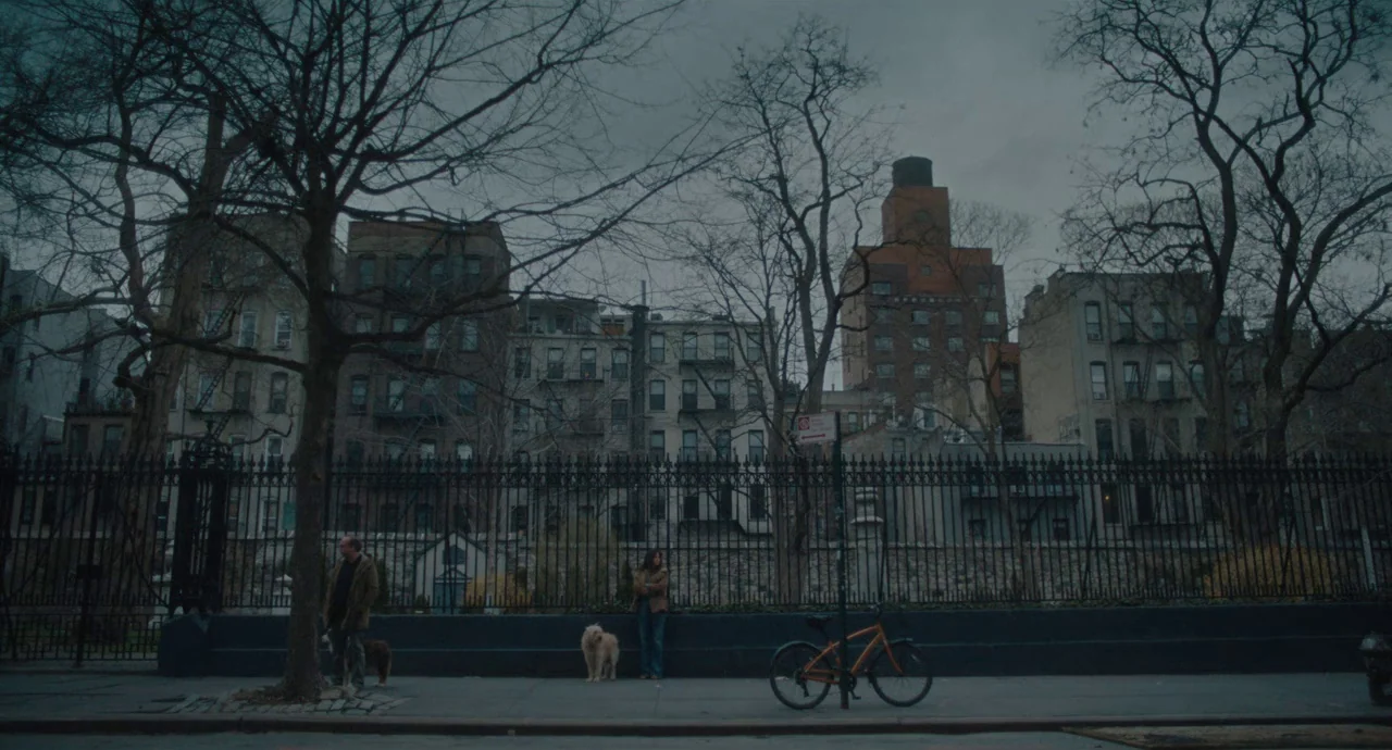 Private Life (2018) movie still: wide — A city sidewalk sits before a tall iron fence and rows of brick buildings. Two individuals walk their dogs…