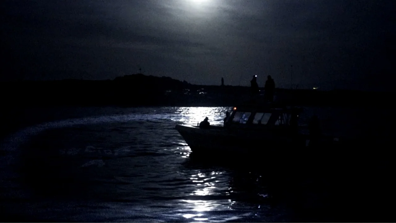 Air Jaws: Night Stalker (2016) movie still: wide — A dark boat traverses calm water illuminated by intense moonlight in a night setting. Several…