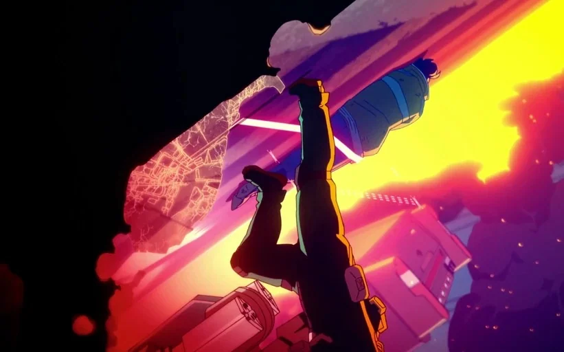 Cyberpunk: Edgerunners (2022) movie still: wide — An abstract urban space fractures into glowing geometric fragments under intense light. Two…