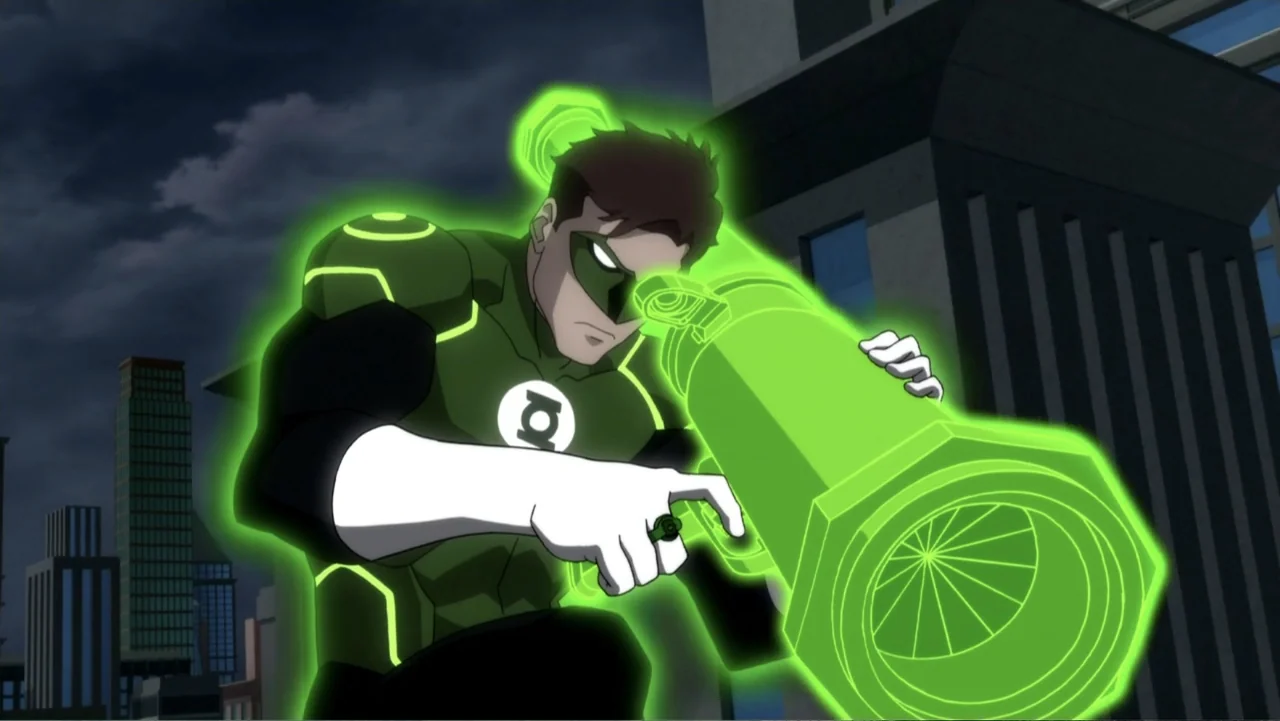 Reign of the Supermen (2019) movie still: medium — A dark city skyline provides the background for a man in a green uniform. He holds a large…