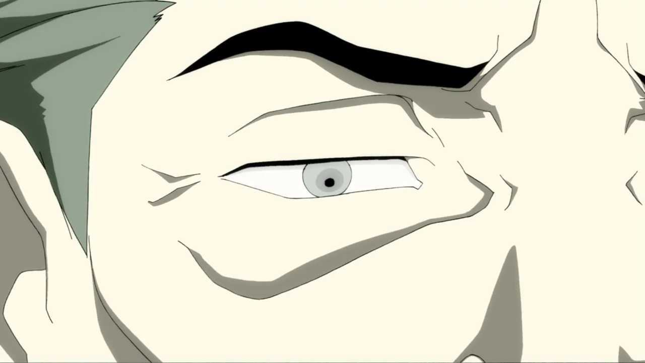Batman: The Dark Knight Returns, Part 1 (2012) movie still: closeup — A close-up view of a man's eye and brow in an anime style. The subject stares…