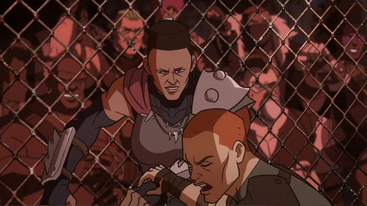 Mortal Kombat Legends: Snow Blind (2022) movie still: medium — A fighting cage surrounded by a crowd of spectators in a dark, interior space. A…