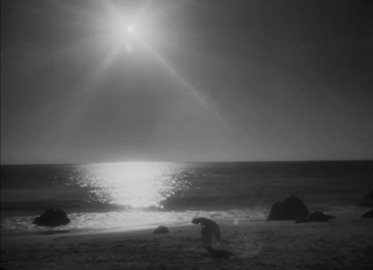The Amazing Mr. X (1948) movie still: wide — A wide beach features dark rocks on the sand under a bright midday sun. A lone person bends down to…