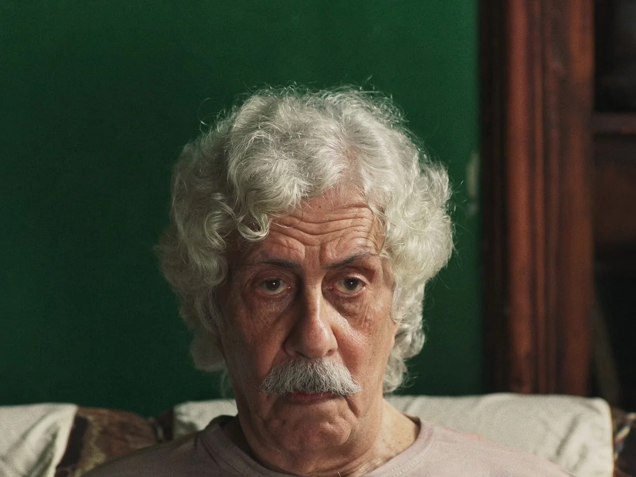 Joyland (2022) movie still: closeup — A man with curly white hair sits against a dark green wall. He faces forward with a direct, neutral gaze.