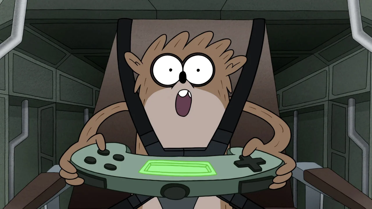 Regular Show: The Movie (2015) movie still: medium — A cartoon cockpit interior features metal walls with piping and a centered pilot seat. A brown…